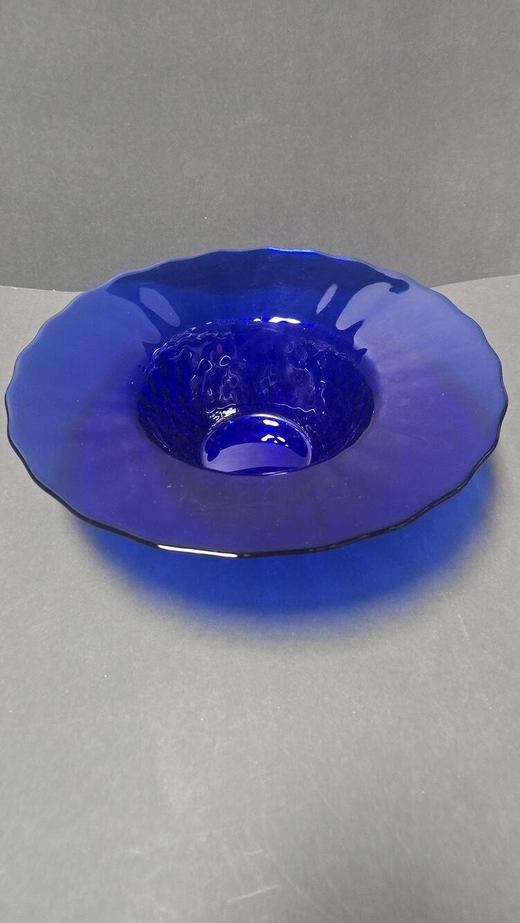 Cobalt Blue Pressed Glass Centerpiece Serving Bowl Scalloped Diamond Base